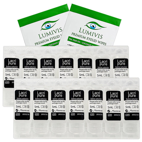 Menicon LacriPure Rinsing & Insertion Saline 14 Vials for Rigid Gas Permeable Contact Lenses - Bundle with 2x Tea Tree Oil Eyelid Eyelash Wipes - Lumivis.us