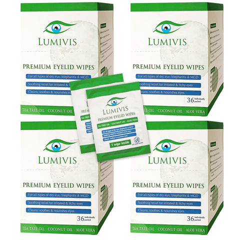 Toallitas para párpados con aceite de árbol de té Lumivis (paquete de 4) - 144 toallitas envueltas individualmente para la limpieza diaria de los ojos y la eliminación del maquillaje - Alivia, limpia y revitaliza