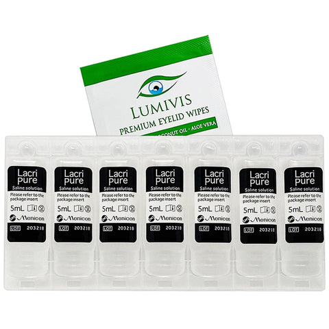 Menicon LacriPure Rinsing & Insertion Saline 7 Vials for Rigid Gas Permeable Contact Lenses - Bundle with Tea Tree Oil Eyelid Eyelash Wipes - Lumivis.us