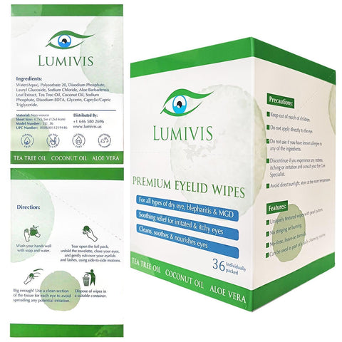 Lumivis premium eyelid and eyelash wipes with tea tree oil, coconut oil and aloe vera 36 pieces individual packs for all types of eye