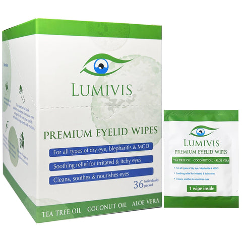 Lumivis premium eyelid and eyelash wipes with tea tree oil, coconut oil and aloe vera 36 pieces individual packs for all types of eye