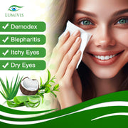 beautiful blue-eyed girl cleansing her eyelids and face with lumivis premium tea tree oil wipes against demodex, blepharitis, ıtchy and dryness