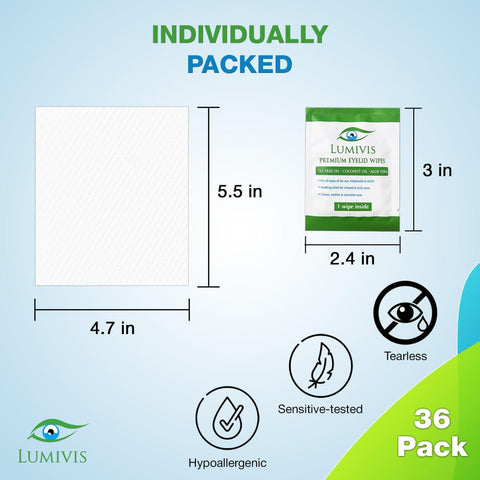 individually packed lumivis premium eyelid eyelash wipes with tea tree oil 36 pack hypoallergenic sensitive tearless sterile wipes