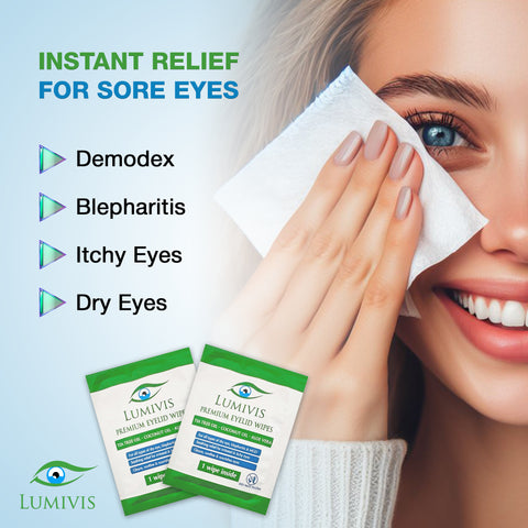 Lumivis Tea Tree Oil Eyelid Wipes for sore eyes demodex blepharitis itchy and dry eyes