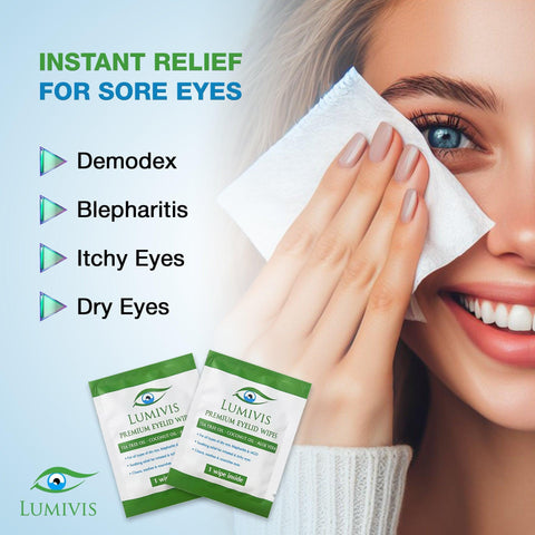 beautiful blue-eyed girl cleansing her eyelids and face with lumivis premium tea tree oil wipes against demodex, blepharitis, itching and dryness