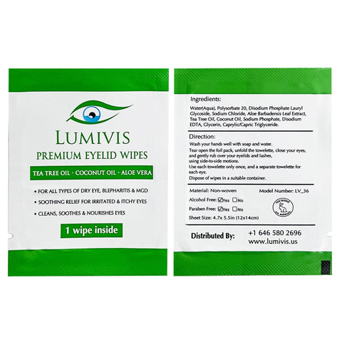 Lumivis premium eyelid wipes made with tea tree oil, coconut oil and aloe vera for all types of dry eye, blepharitis and mgd, soothing relief for irritated and itchy eyes, cleans, soothes and nourishes eyes 1 wipe