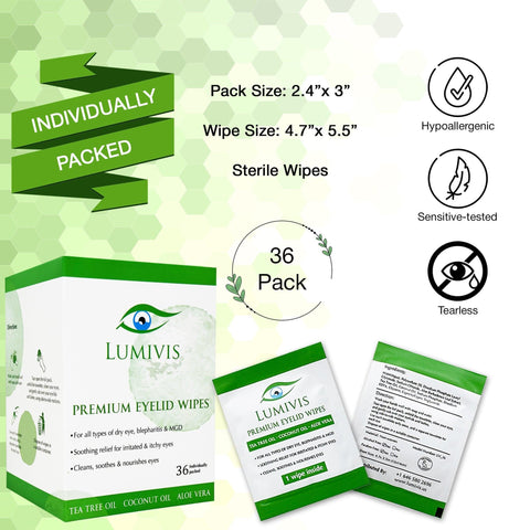 individually packed lumivis premium eyelid eyelash wipes tea tree oil 36 pack hypoallergenic sensitive tearless sterile wipes