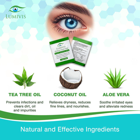 eyelid wipes with natural and effective ingredients - tea tree oil, coconut oil, aloe vera