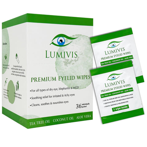 Lumivis premium eyelid and eyelash wipes with tea tree oil, coconut oil and aloe vera 36 pieces individual packs 860011219446