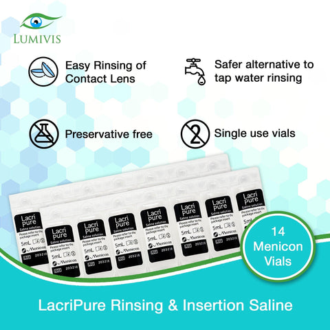 Menicon LacriPure Rinsing & Insertion Saline 14 Vials for Rigid Gas Permeable Contact Lenses - Bundle with 2x Tea Tree Oil Eyelid Eyelash Wipes - Lumivis.us