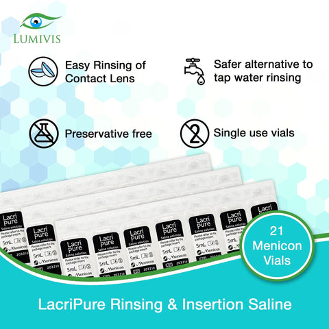 Menicon LacriPure Rinsing & Insertion Saline 21 Vials for Rigid Gas Permeable Contact Lenses - Bundle with 2x Tea Tree Oil Eyelid Eyelash Wipes - Lumivis.us