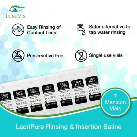 Menicon LacriPure Rinsing & Insertion Saline 7 Vials for Rigid Gas Permeable Contact Lenses - Bundle with Tea Tree Oil Eyelid Eyelash Wipes - Lumivis.us