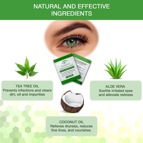 lumivis eyelid wipes with natural and effective ingredients tea tree oil, aloe vera, coconut oil