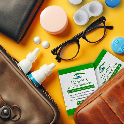 A pair of glasses on a yellow table, black wallet, lens case, cream, lens cleaning solutions from a dark brown bag, 2 packs of Lumivis Premium Eyelid Wipes made with tea tree oil, coconut oil and aloe vera from a light brown bag.