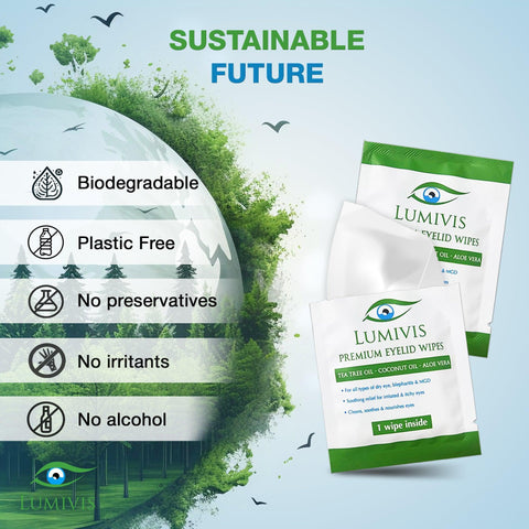 lumivis premium eyelid wipes for a sustainable future. Biodegradable, plastic-free  no preservatives alcohol-free